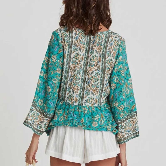 Boho Gypsy Floral Print Neck Tie Blouse - Picture 2 of 16